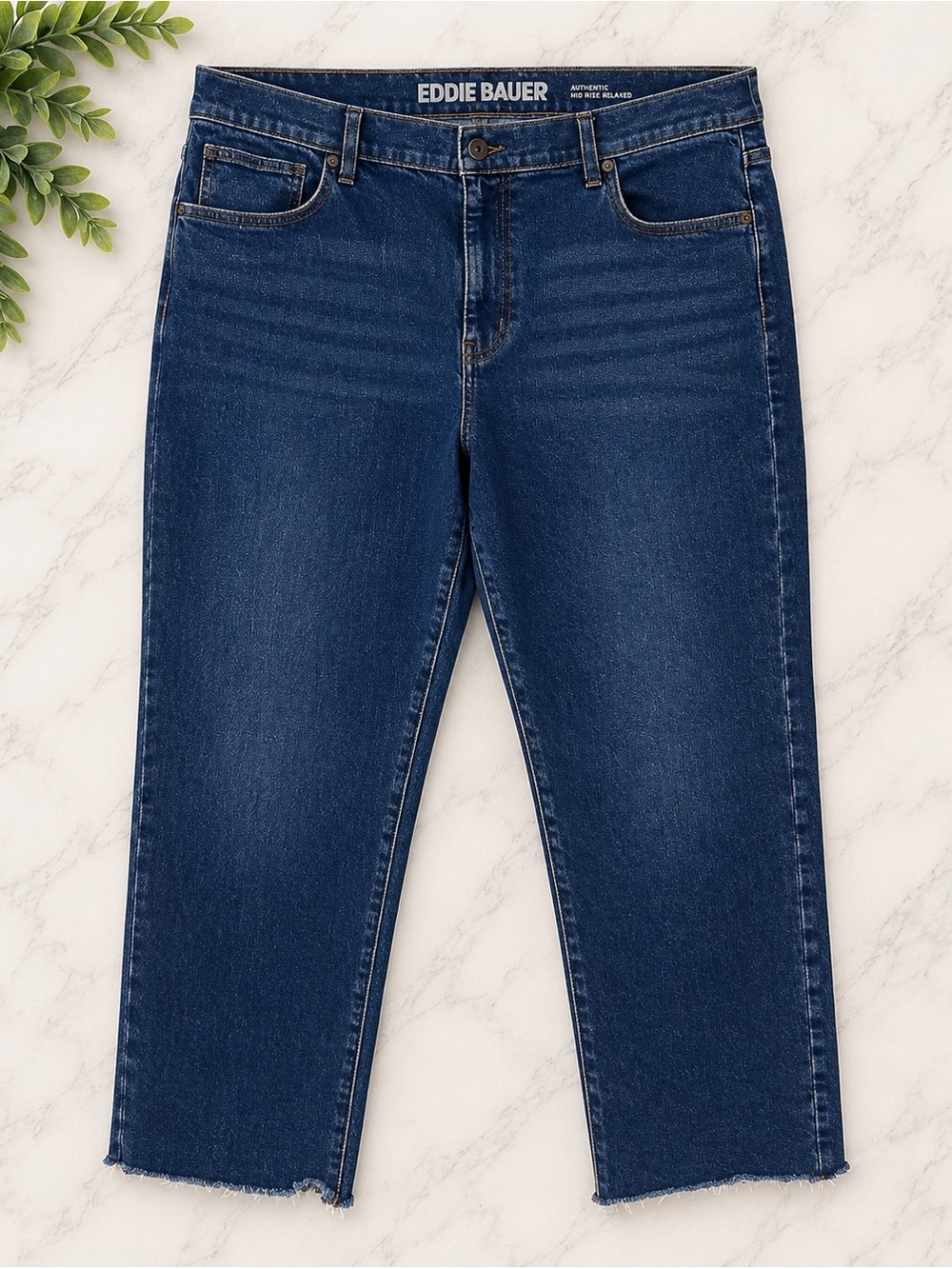 Eddie Bauer Women’s 18 Authentic Mid Rise Relaxed Jeans Raw Hem Dark Wash